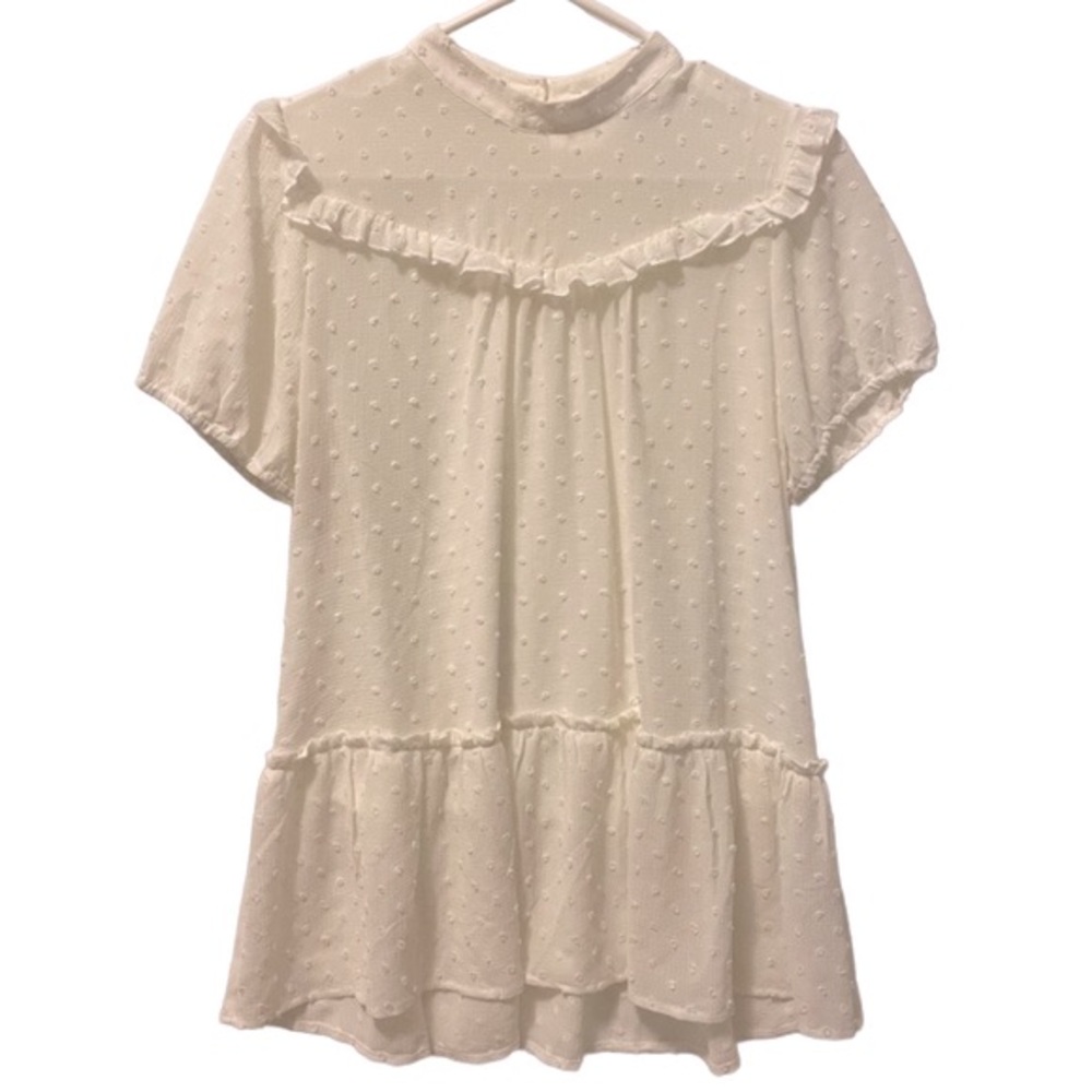 Ro & De Short Sleeve High Collar Peplum Top with Ruffle Accents